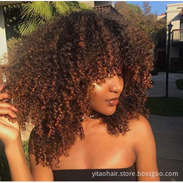Wholesale Ombre Brown Curly Wigs for Black Women Afro Kinky Curly Wigs with Bangs 16 inch Loose Curly Wave Synthetic Hair Wigs